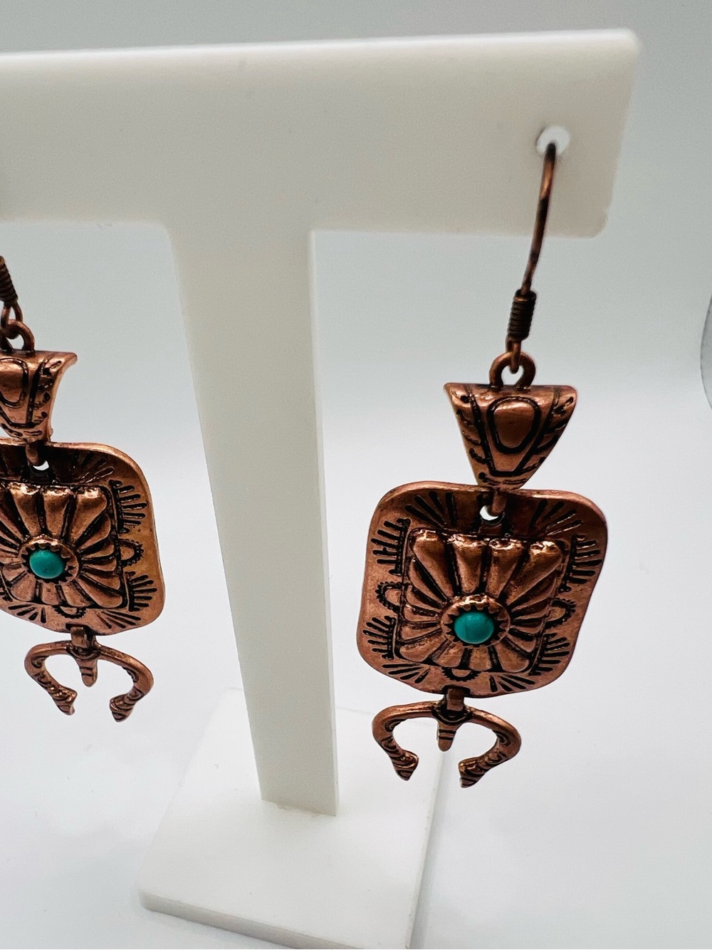 Copper-Tone Floral Dangle Earrings with Turquoise Accent